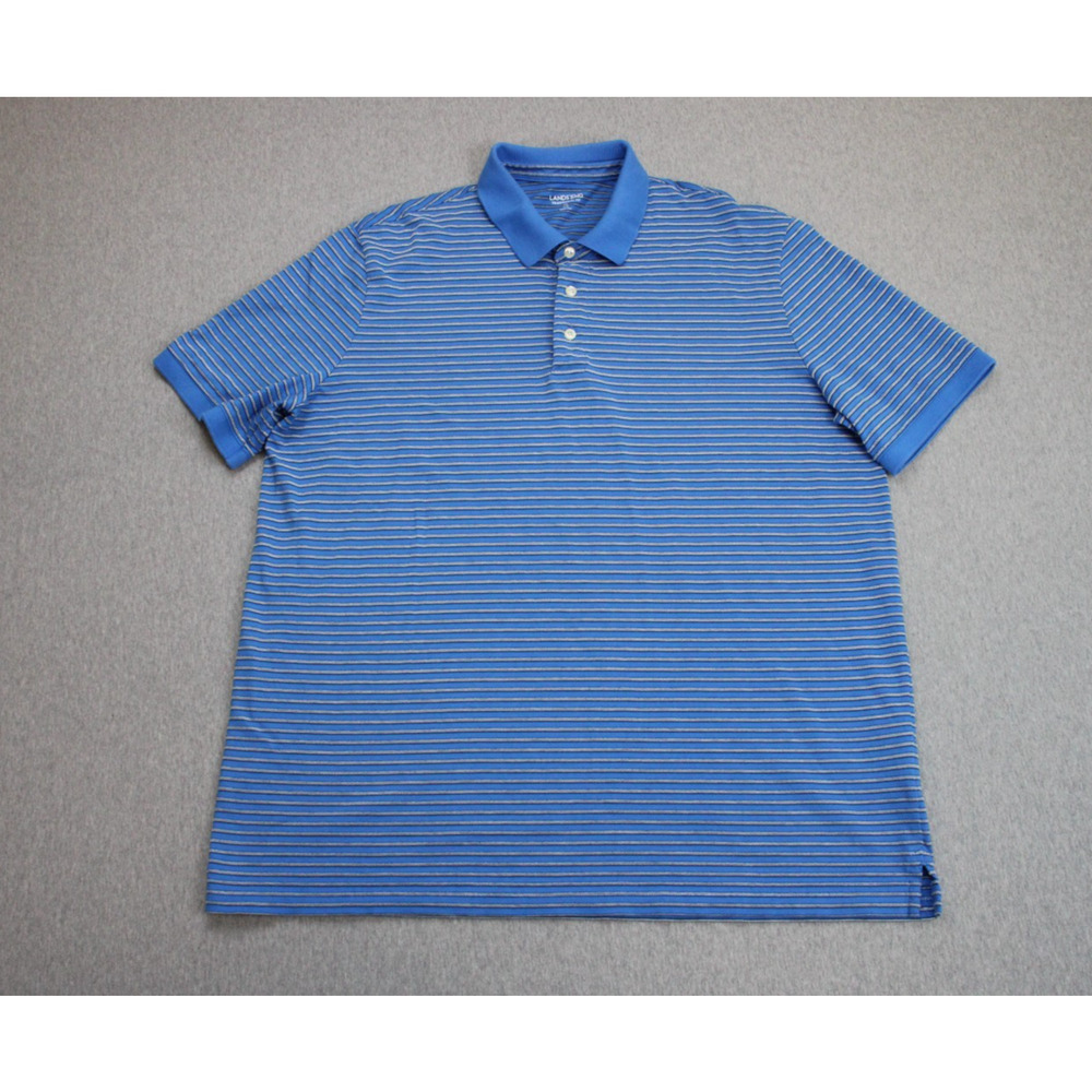 Lands' End Polo Shirt Mens XL Blue Striped 100% Cotton Traditional Fit